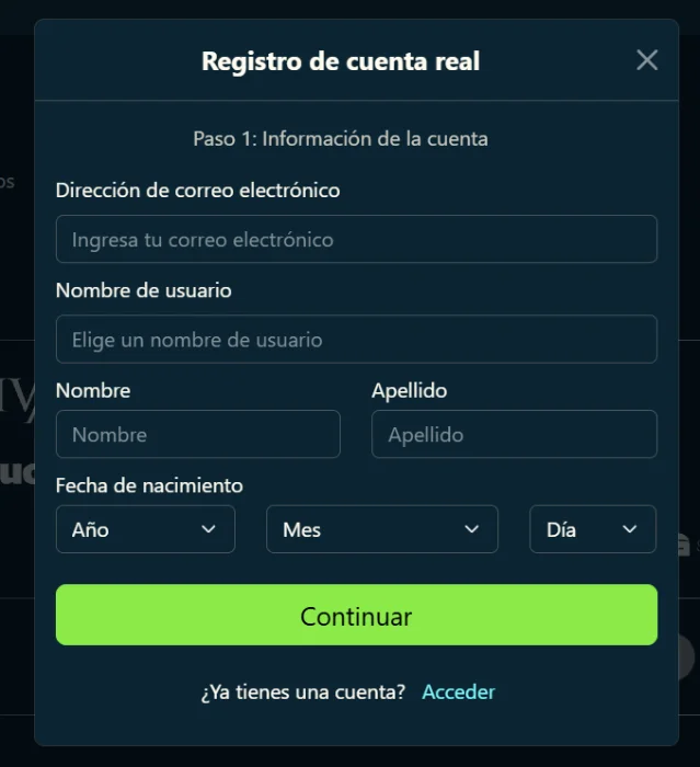 Vegasino Casino Crear Cuenta Vegasino Casino formulario de registro de cuenta con datos personales